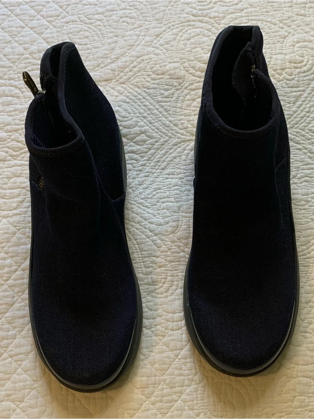 Bzees Zora Wedge Boots in Navy Denim with Rounded Toe Box Mud Guard